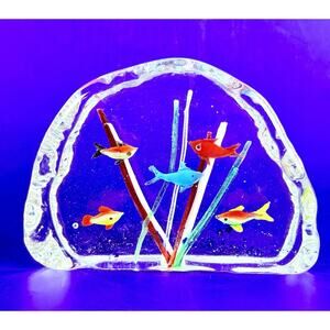 Vintage Murano Style Fish Aquarium Art Glass Block Paperweight MCM Ocean